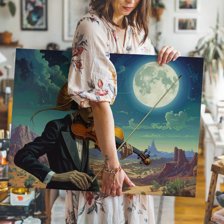 Surreal Violinist Canvas – Man with Snail Shell Head Under Cosmic Full Moon - Gifitto