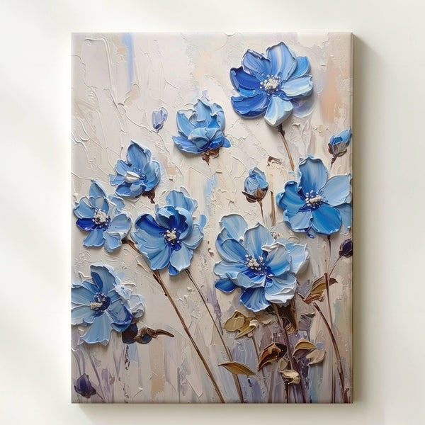 Textured Blue Floral Canvas – Sculpted Wildflowers with Raised Petals - Gifitto