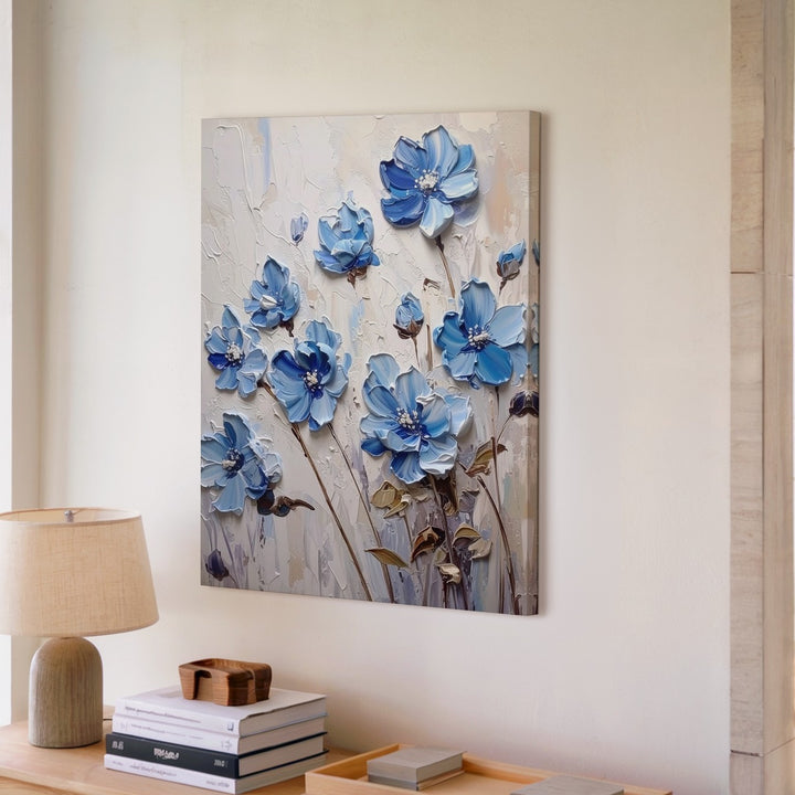 Textured Blue Floral Canvas – Sculpted Wildflowers with Raised Petals - Gifitto