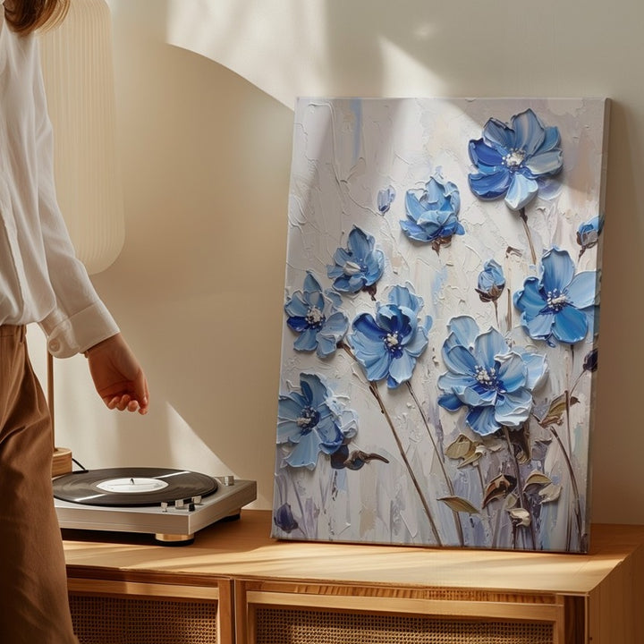 Textured Blue Floral Canvas – Sculpted Wildflowers with Raised Petals - Gifitto
