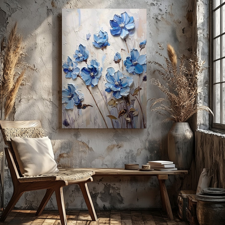Textured Blue Floral Canvas – Sculpted Wildflowers with Raised Petals - Gifitto