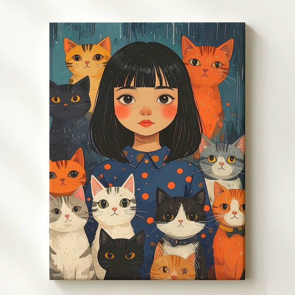 Girl with Cats Canvas – Whimsical Companionship Wall Art in Graphic Style - Gifitto