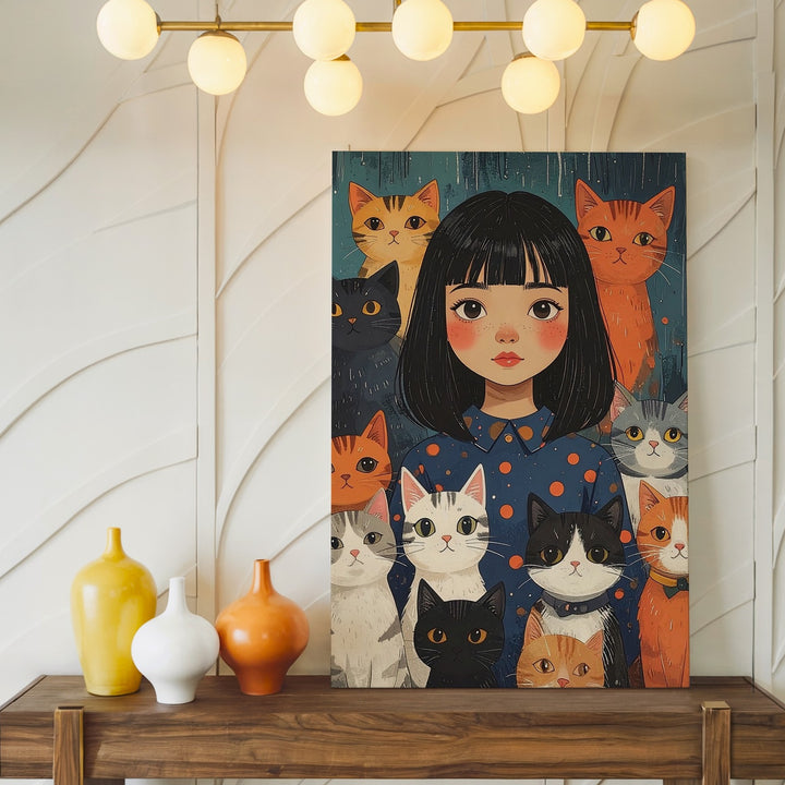 Girl with Cats Canvas – Whimsical Companionship Wall Art in Graphic Style - Gifitto