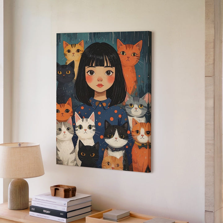 Girl with Cats Canvas – Whimsical Companionship Wall Art in Graphic Style - Gifitto