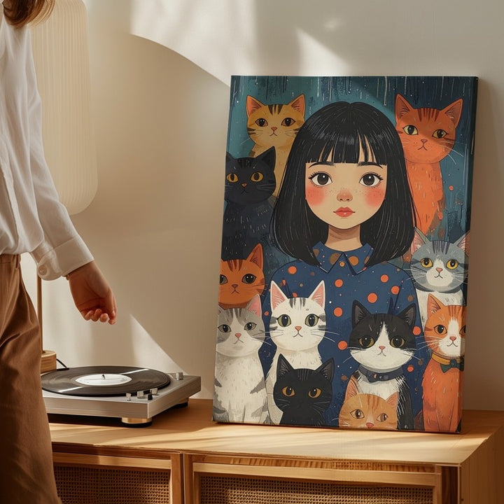 Girl with Cats Canvas – Whimsical Companionship Wall Art in Graphic Style - Gifitto