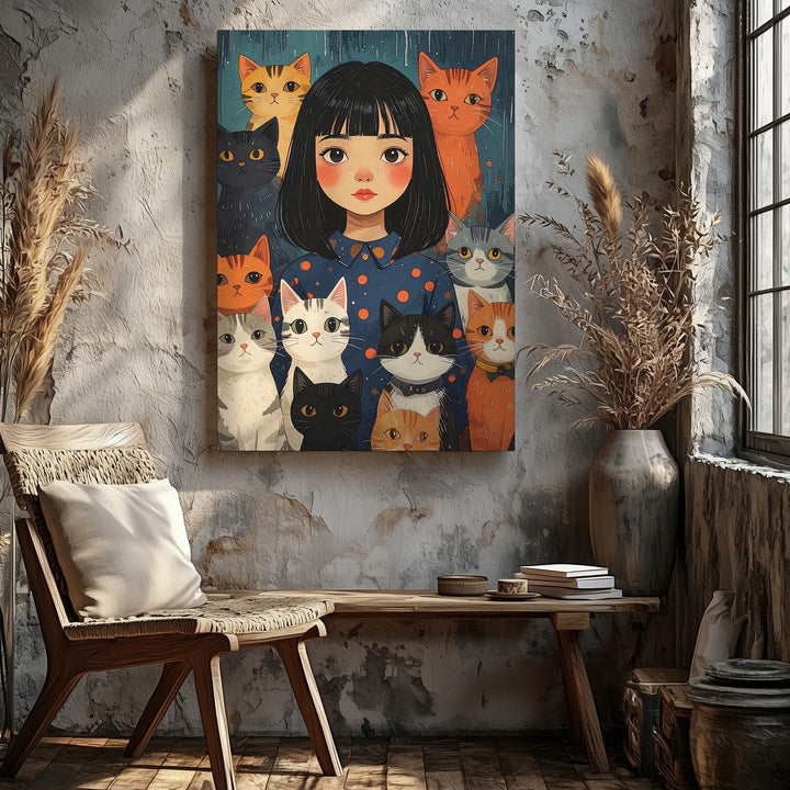 Girl with Cats Canvas – Whimsical Companionship Wall Art in Graphic Style - Gifitto