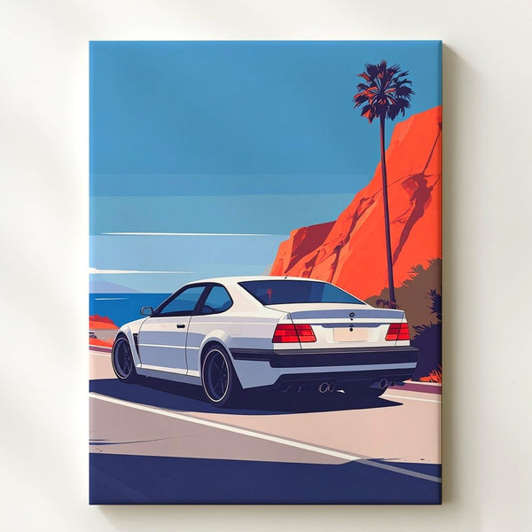 Minimalist BMW Coastal Drive Canvas – Retro Road Trip Car Wall Art - Gifitto