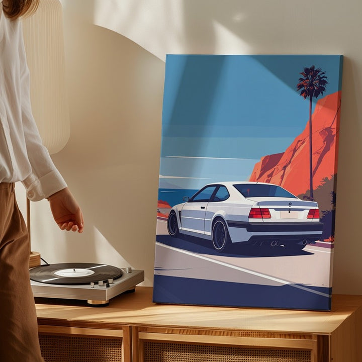 Minimalist BMW Coastal Drive Canvas – Retro Road Trip Car Wall Art - Gifitto