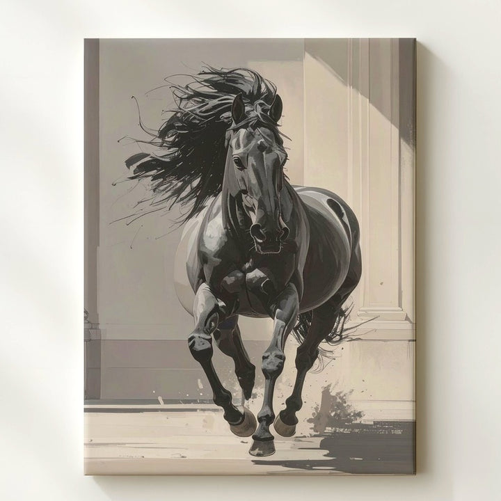 Monochrome Momentum Canvas – Galloping Black Horse in Classical Light - Gifitto