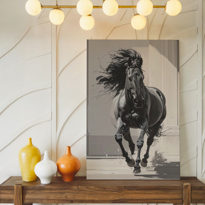 Monochrome Momentum Canvas – Galloping Black Horse in Classical Light - Gifitto