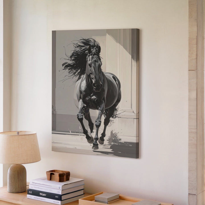 Monochrome Momentum Canvas – Galloping Black Horse in Classical Light - Gifitto