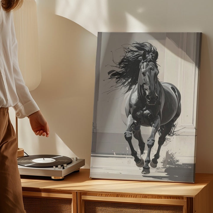 Monochrome Momentum Canvas – Galloping Black Horse in Classical Light - Gifitto