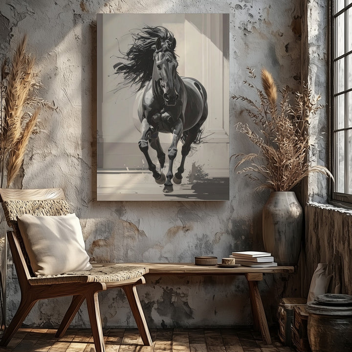 Monochrome Momentum Canvas – Galloping Black Horse in Classical Light - Gifitto