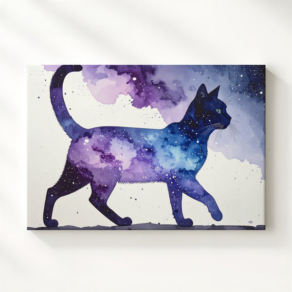 Galactic Walk Cat Canvas – Watercolor Silhouette with Cosmic Pattern - Gifitto