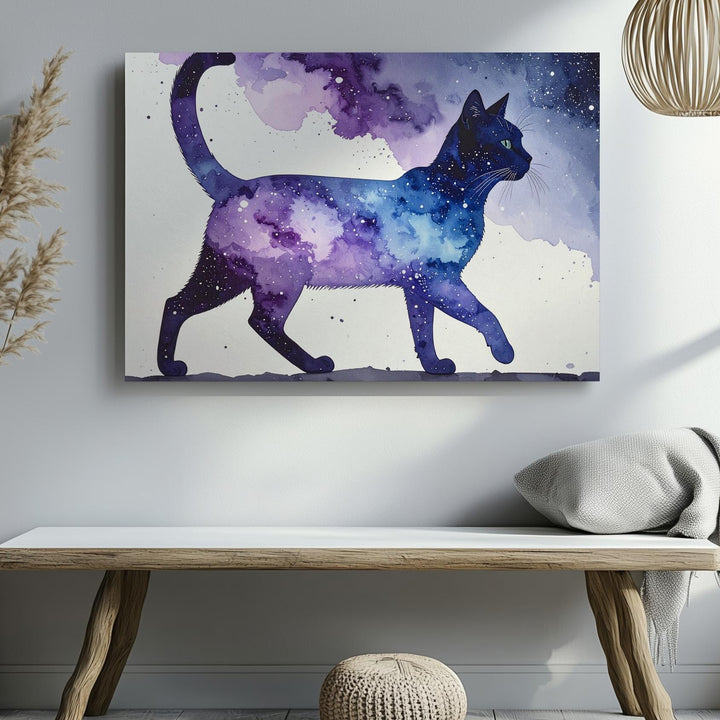 Galactic Walk Cat Canvas – Watercolor Silhouette with Cosmic Pattern - Gifitto