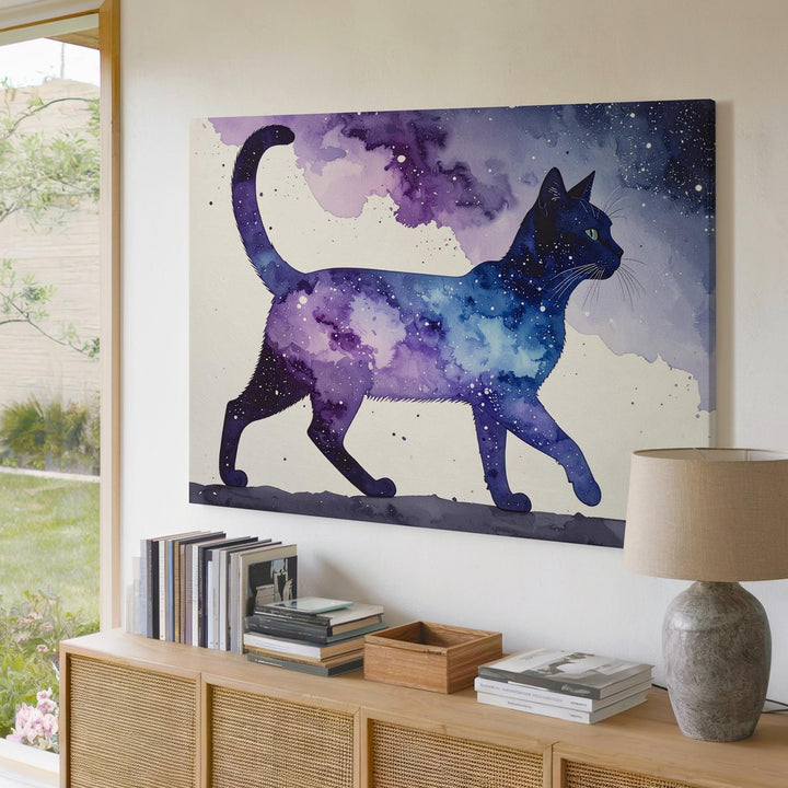 Galactic Walk Cat Canvas – Watercolor Silhouette with Cosmic Pattern - Gifitto