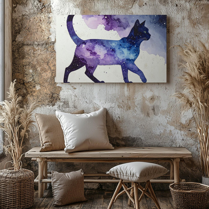 Galactic Walk Cat Canvas – Watercolor Silhouette with Cosmic Pattern - Gifitto