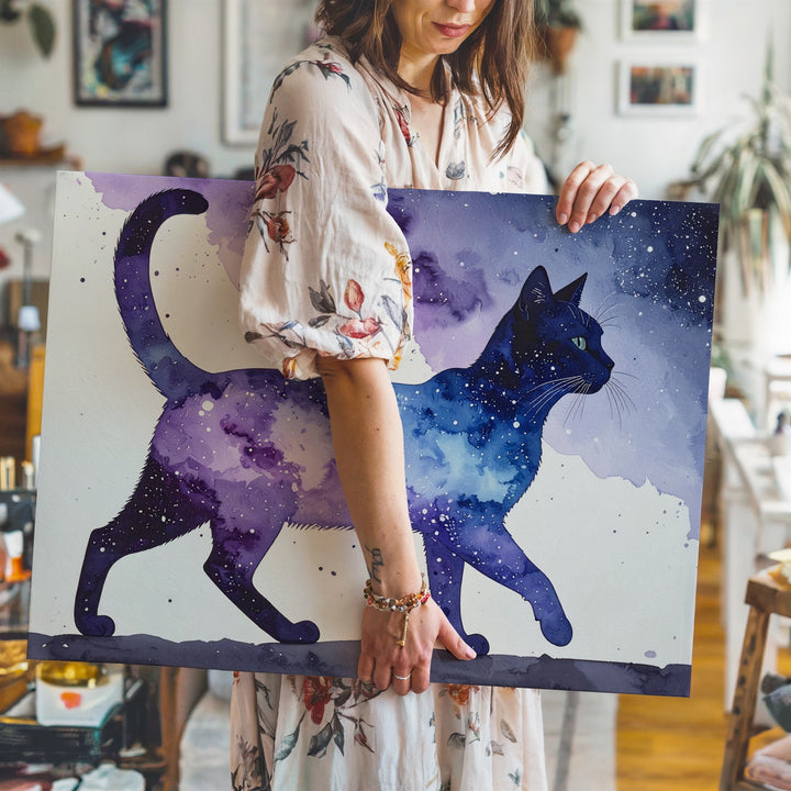 Galactic Walk Cat Canvas – Watercolor Silhouette with Cosmic Pattern - Gifitto