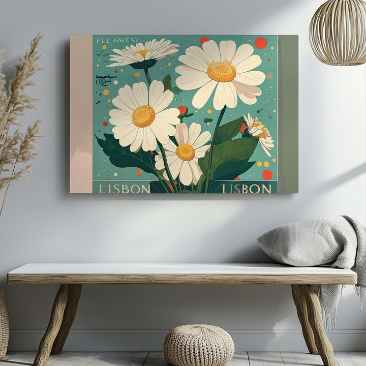 Flower Market Lisbon Canvas – Retro Daisy Floral Print with Travel Poster Charm - Gifitto