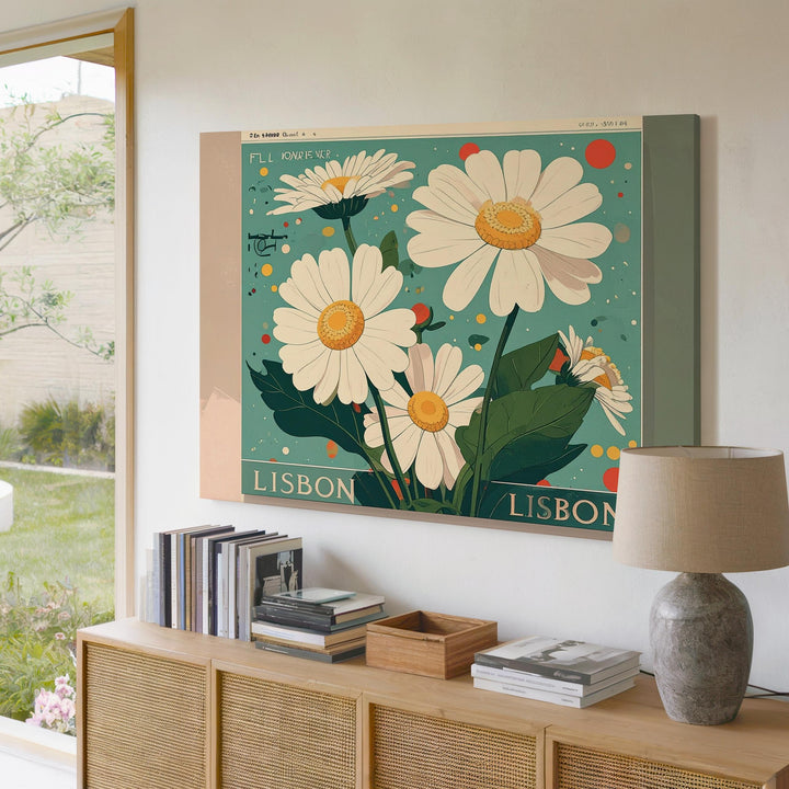 Flower Market Lisbon Canvas – Retro Daisy Floral Print with Travel Poster Charm - Gifitto