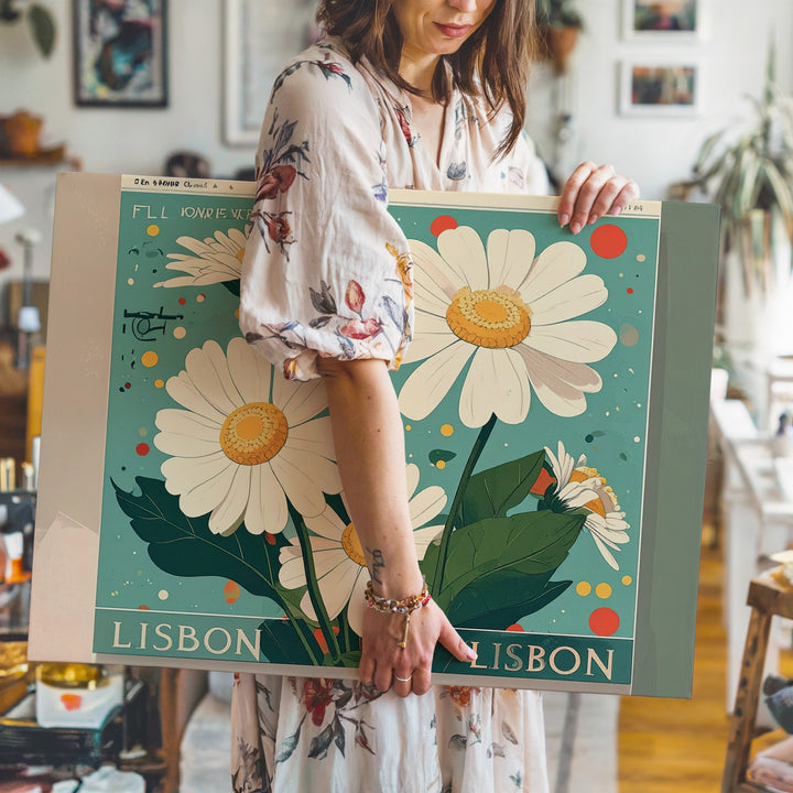Flower Market Lisbon Canvas – Retro Daisy Floral Print with Travel Poster Charm - Gifitto