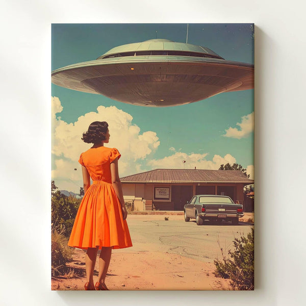 UFO Encounter Canvas – Woman in Orange Dress & Dreamy Suburban Scene Art - Gifitto
