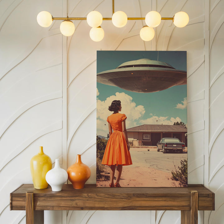 UFO Encounter Canvas – Woman in Orange Dress & Dreamy Suburban Scene Art - Gifitto