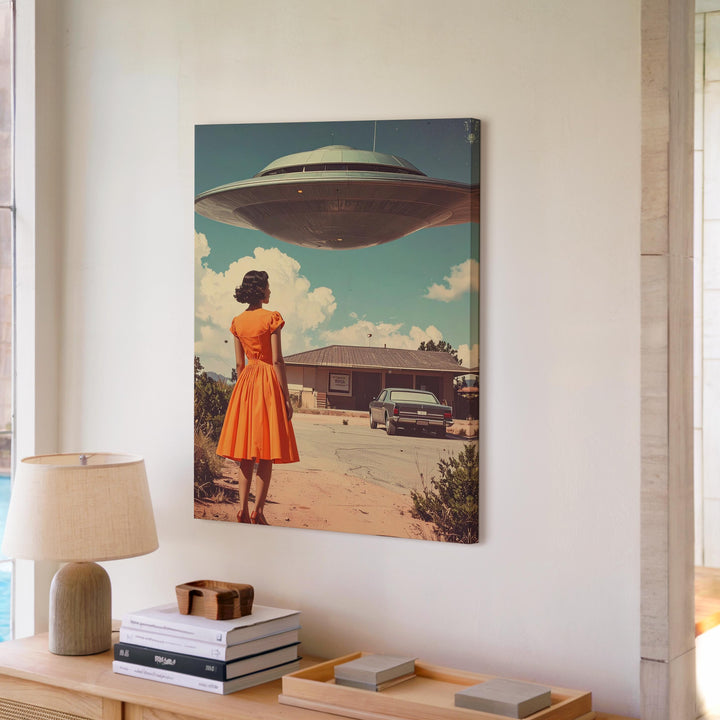UFO Encounter Canvas – Woman in Orange Dress & Dreamy Suburban Scene Art - Gifitto