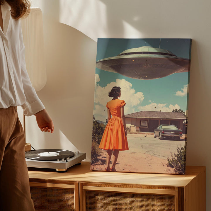 UFO Encounter Canvas – Woman in Orange Dress & Dreamy Suburban Scene Art - Gifitto