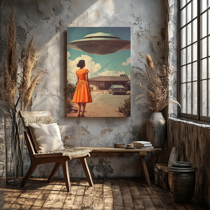 UFO Encounter Canvas – Woman in Orange Dress & Dreamy Suburban Scene Art - Gifitto