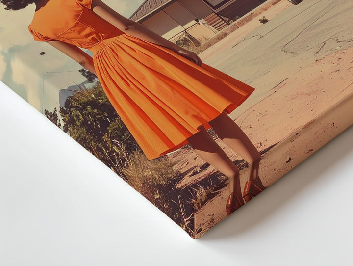 UFO Encounter Canvas – Woman in Orange Dress & Dreamy Suburban Scene Art - Gifitto