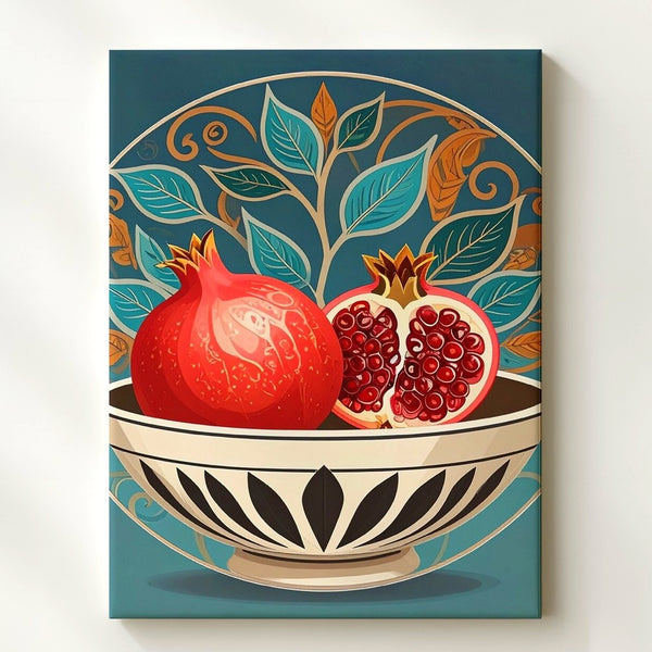 Folk Art Pomegranate Bowl Canvas – Decorative Symmetrical Fruit Illustration - Gifitto