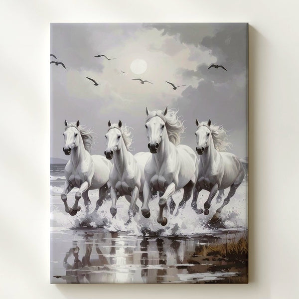 Moonrun Herd Canvas – Grayscale White Horses with Ethereal Energy - Gifitto