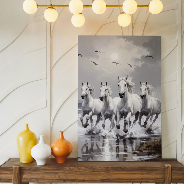 Moonrun Herd Canvas – Grayscale White Horses with Ethereal Energy - Gifitto