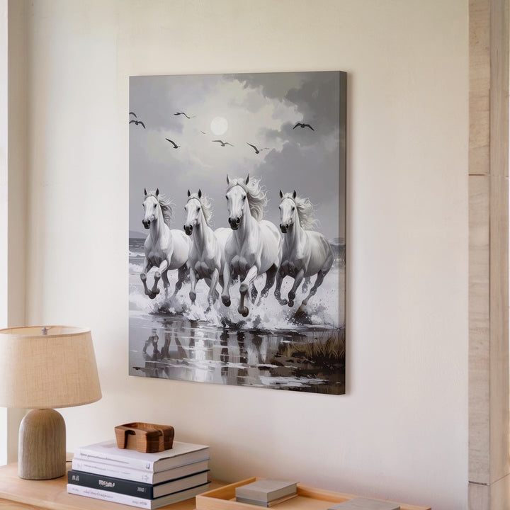 Moonrun Herd Canvas – Grayscale White Horses with Ethereal Energy - Gifitto