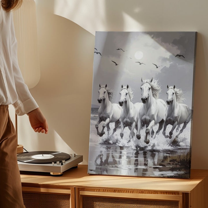 Moonrun Herd Canvas – Grayscale White Horses with Ethereal Energy - Gifitto