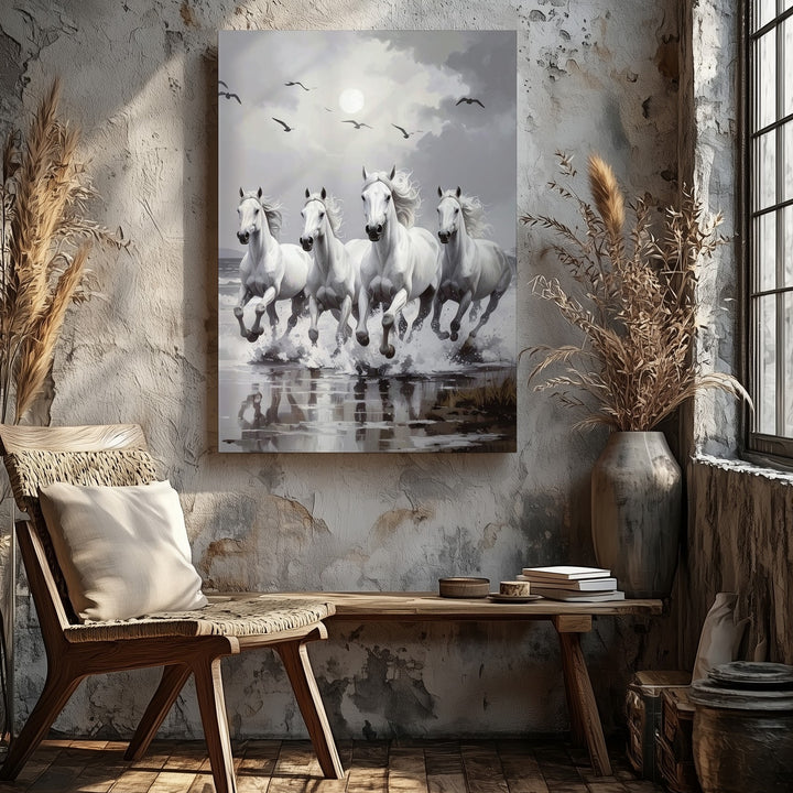 Moonrun Herd Canvas – Grayscale White Horses with Ethereal Energy - Gifitto