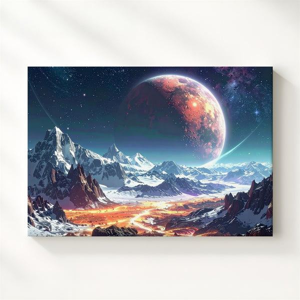 Alien Horizon Canvas – Sci-Fi Planet Landscape with Glowing Red World & Radiant Terrain - Gifitto
