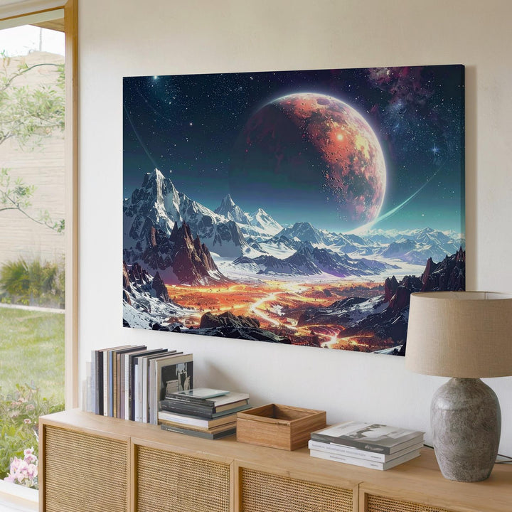 Alien Horizon Canvas – Sci-Fi Planet Landscape with Glowing Red World & Radiant Terrain - Gifitto