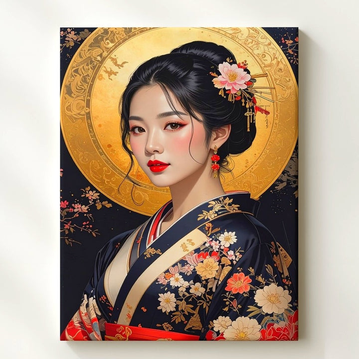 Celestial Beauty Canvas – East Asian Portrait with Floral Kimono and Golden Halo - Gifitto