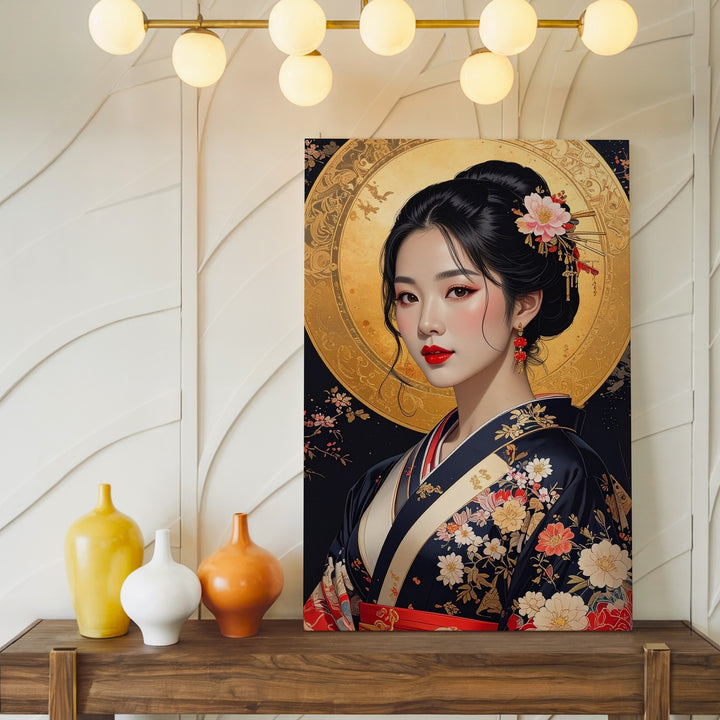Celestial Beauty Canvas – East Asian Portrait with Floral Kimono and Golden Halo - Gifitto
