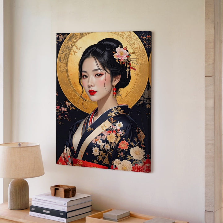 Celestial Beauty Canvas – East Asian Portrait with Floral Kimono and Golden Halo - Gifitto
