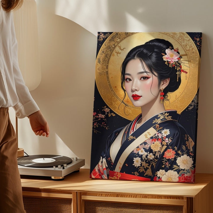 Celestial Beauty Canvas – East Asian Portrait with Floral Kimono and Golden Halo - Gifitto