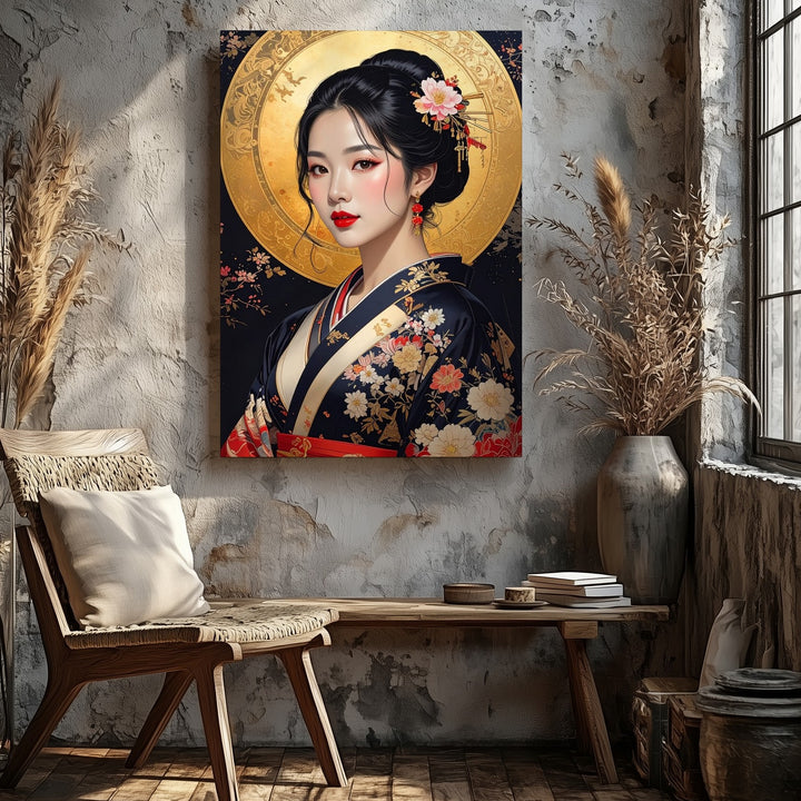 Celestial Beauty Canvas – East Asian Portrait with Floral Kimono and Golden Halo - Gifitto