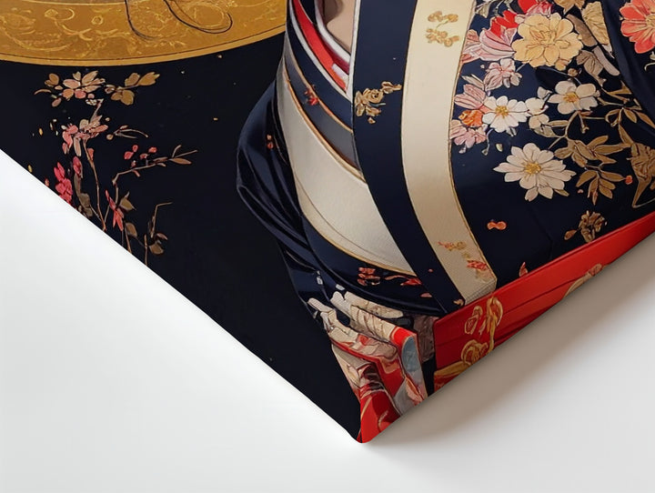 Celestial Beauty Canvas – East Asian Portrait with Floral Kimono and Golden Halo - Gifitto
