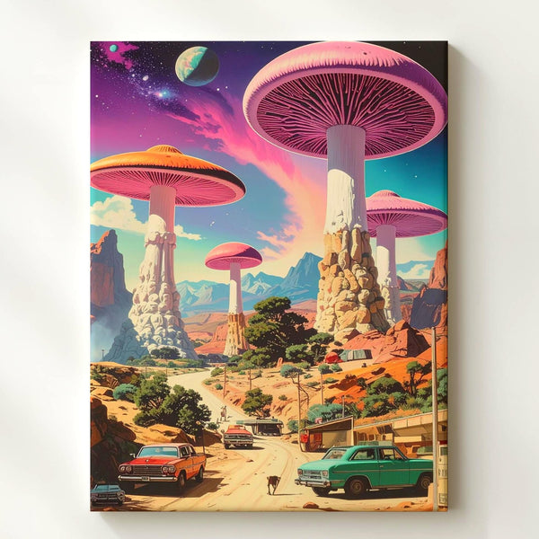 Alien Mushroom Landscape Canvas – Vibrant Desert & Cosmic Sky Art - Gifitto