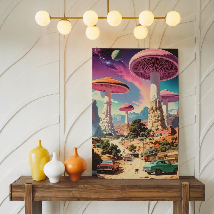 Alien Mushroom Landscape Canvas – Vibrant Desert & Cosmic Sky Art - Gifitto