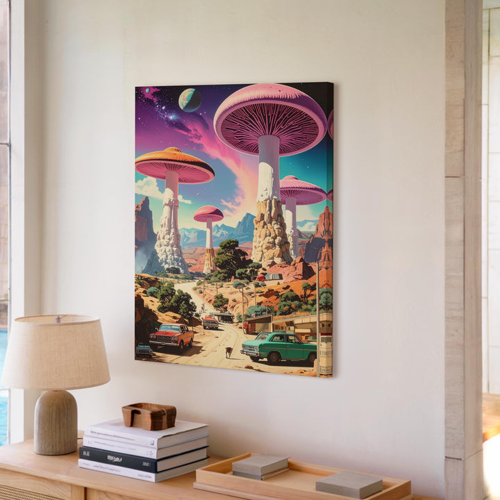 Alien Mushroom Landscape Canvas – Vibrant Desert & Cosmic Sky Art - Gifitto
