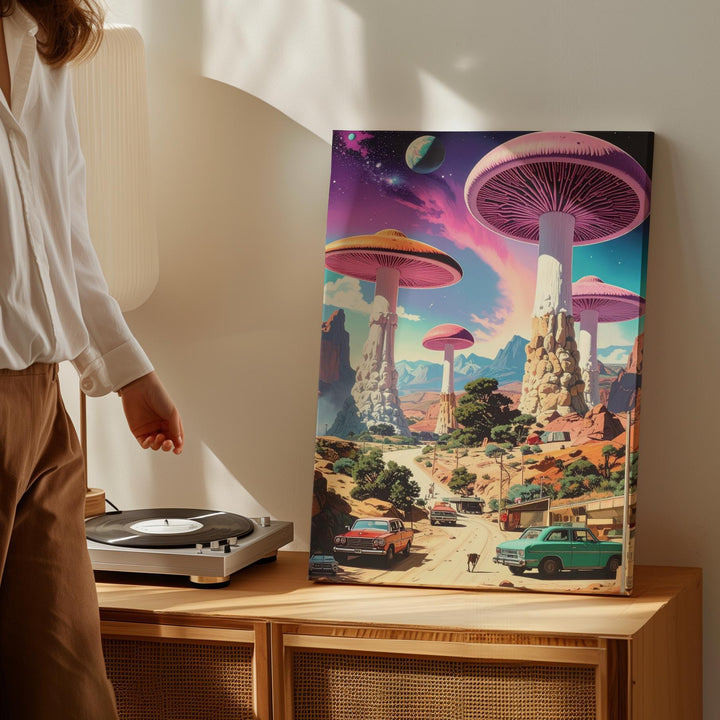 Alien Mushroom Landscape Canvas – Vibrant Desert & Cosmic Sky Art - Gifitto