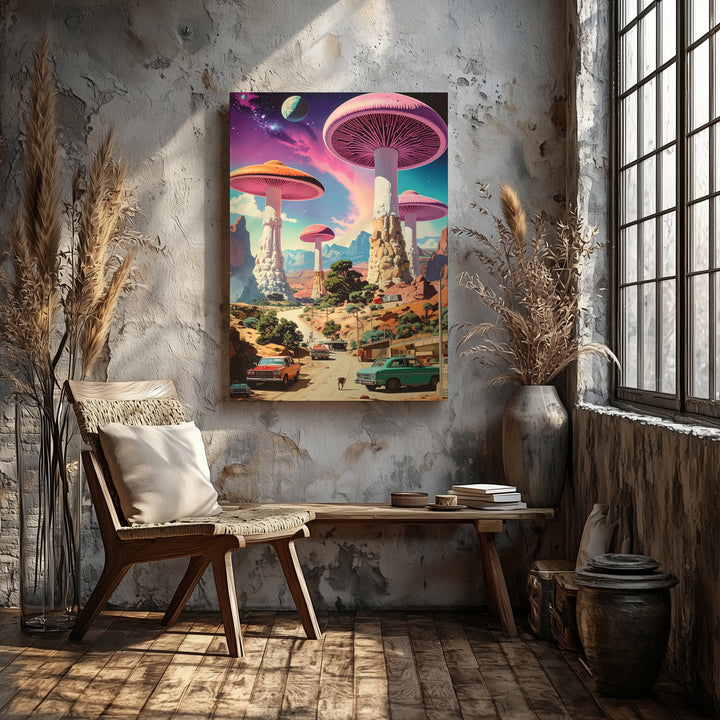 Alien Mushroom Landscape Canvas – Vibrant Desert & Cosmic Sky Art - Gifitto